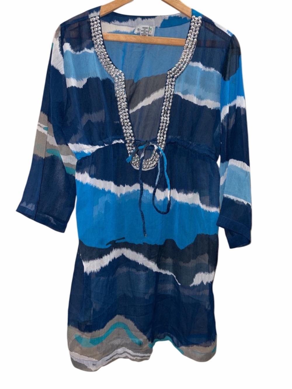 Tie-Dye V-Neck Swim Coverup with Embellished Metallic Trim M - Picture 2 of 5